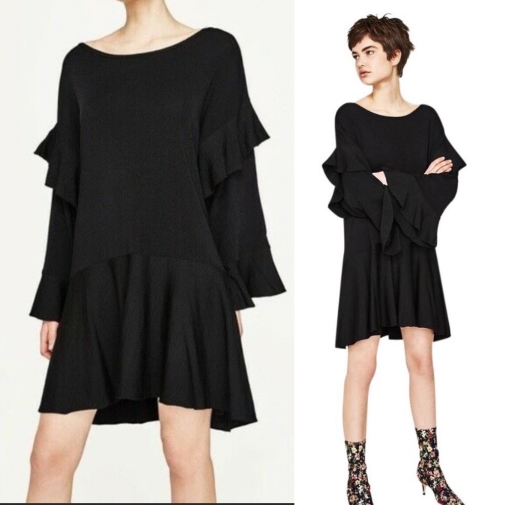 ZARA Knit black frill long sleeve ruffle dress